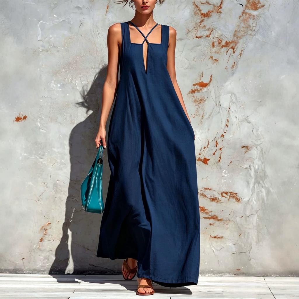 European and American cross-border Amazon Bohemian vacation style square collar cross neck long dress loose pendulum dress