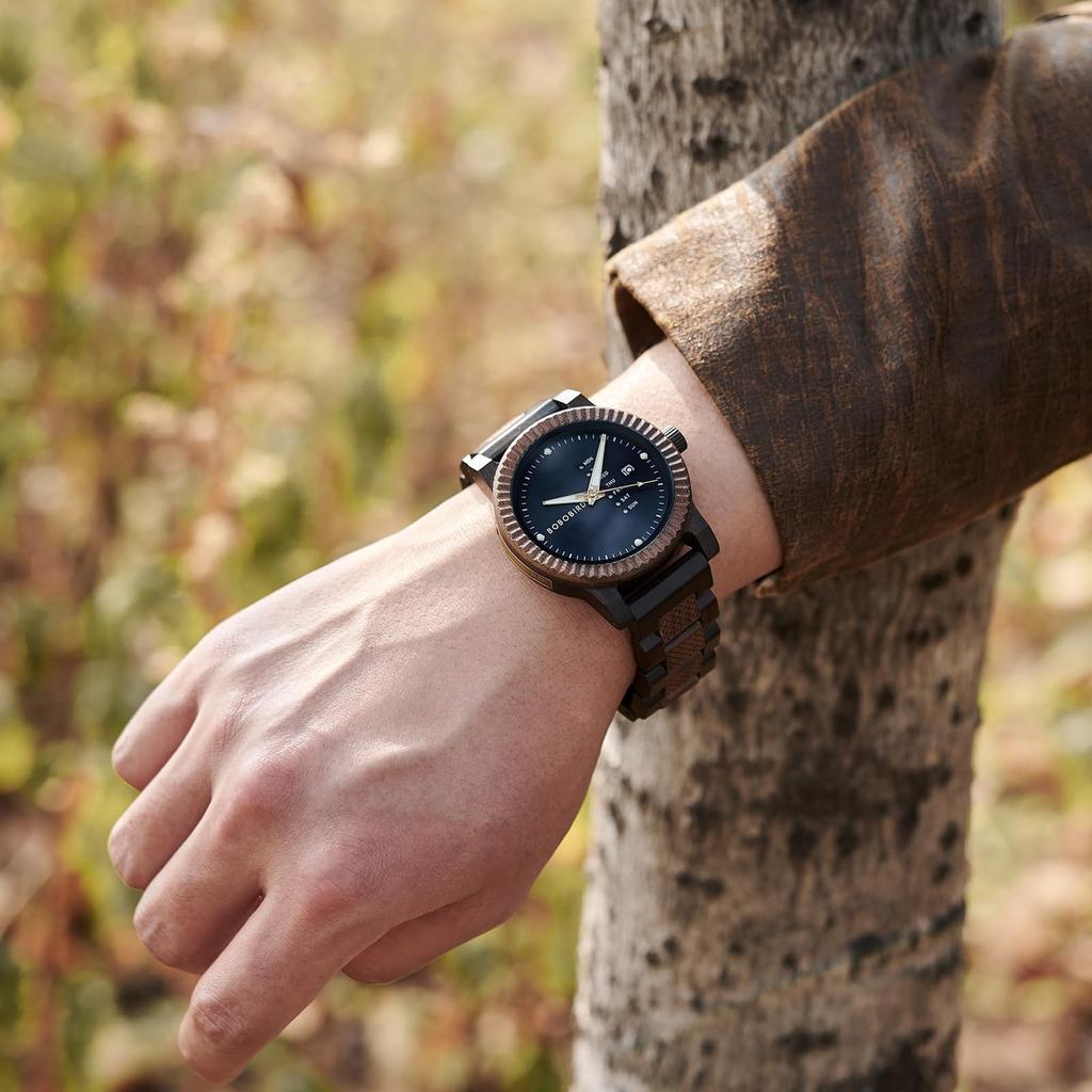 BOBO BIRD Men's Wooden Watch with Analog Quartz Movement, Day Calendar Display, Lightweight Handmade Wooden Watch (Dark Blue)
