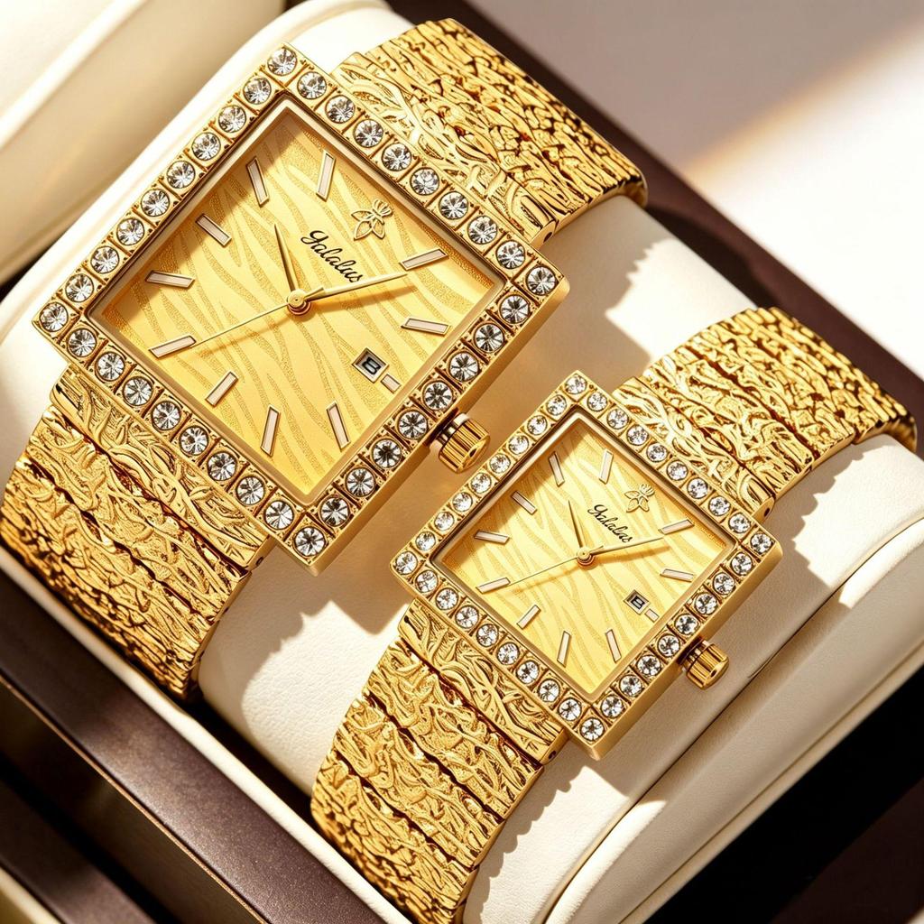 Luxury Square Quartz Watch Crystal Bezel Textured Dial Vintage Carved Metal Bracelet Waterproof Daily Dress Watch for Men Women Couple Matching Watch