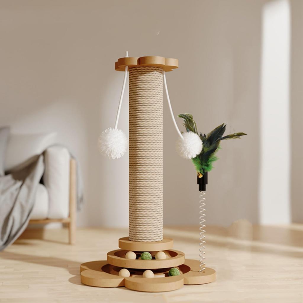 siawadeky Cat Scratching Rotating Natural Wood Grain Stress Exercise Cute Cat Purring Hanging Toy with Wings Pole, Flower-Shaped, Ball, Wooden, Hemp,