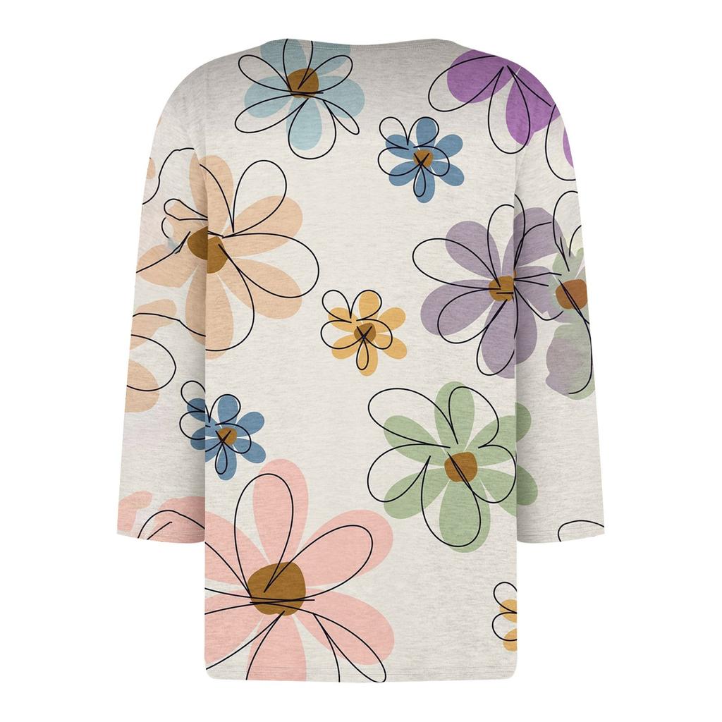 Women's Fashion Casual Printed V-Neck Short Sleeve Decorative Button Three-quarter Sleeve T-Shirt Top