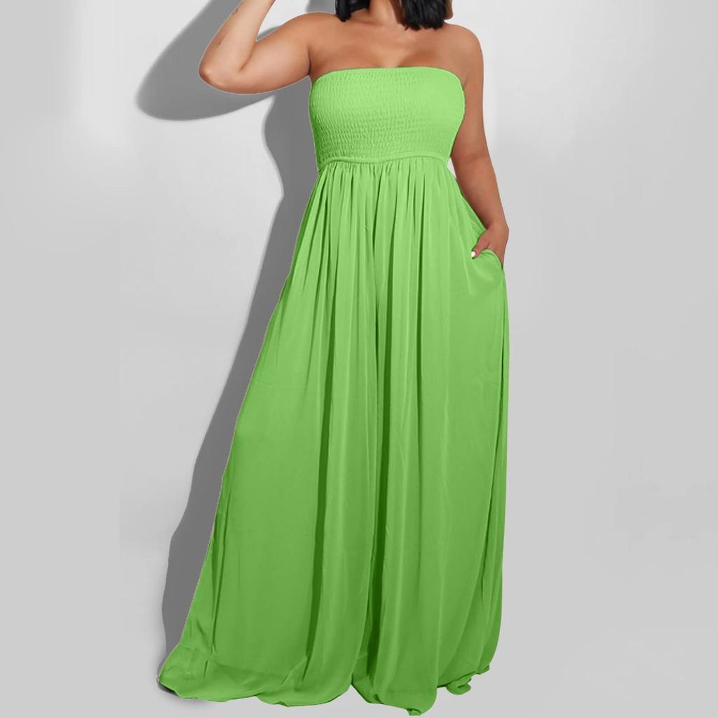 Women's Plus Size Strapless Tube Top Wide Leg Pants Jumpsuit Baggy Off Shoulder Overalls Smocked Romper With Pockets