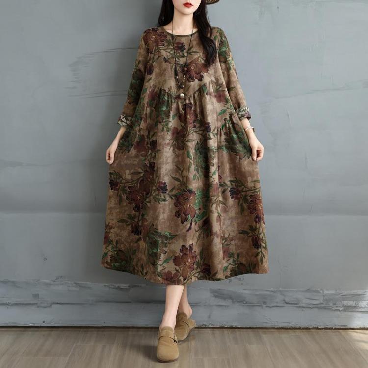 Spring Floral Print Vintage Plus Size Women Dress Long Sleeve Oversize Maxi Loose Basic Casual Long Dress