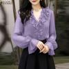 Women Ruffles V-Neck Loose Casual Long Sleeve Blouse
