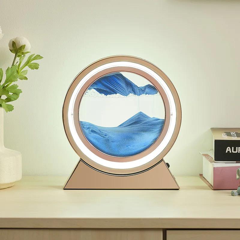 LED Moving Sand Art Table Lamp, 3D Quicksand Night Light, Flowing Sandscape Hourglass Decor for Bedroom Office, Gift