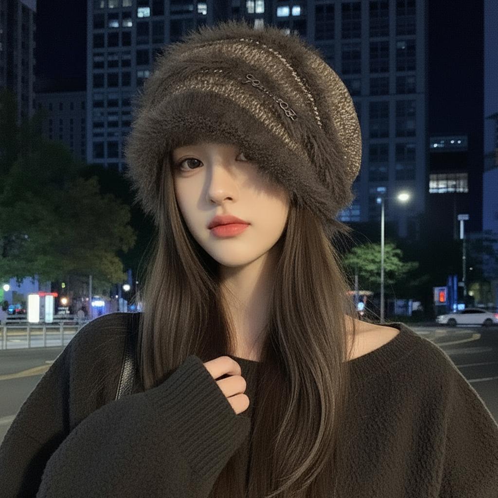 Autumn and winter warm, retro big head, big face, small plush pile hat girl