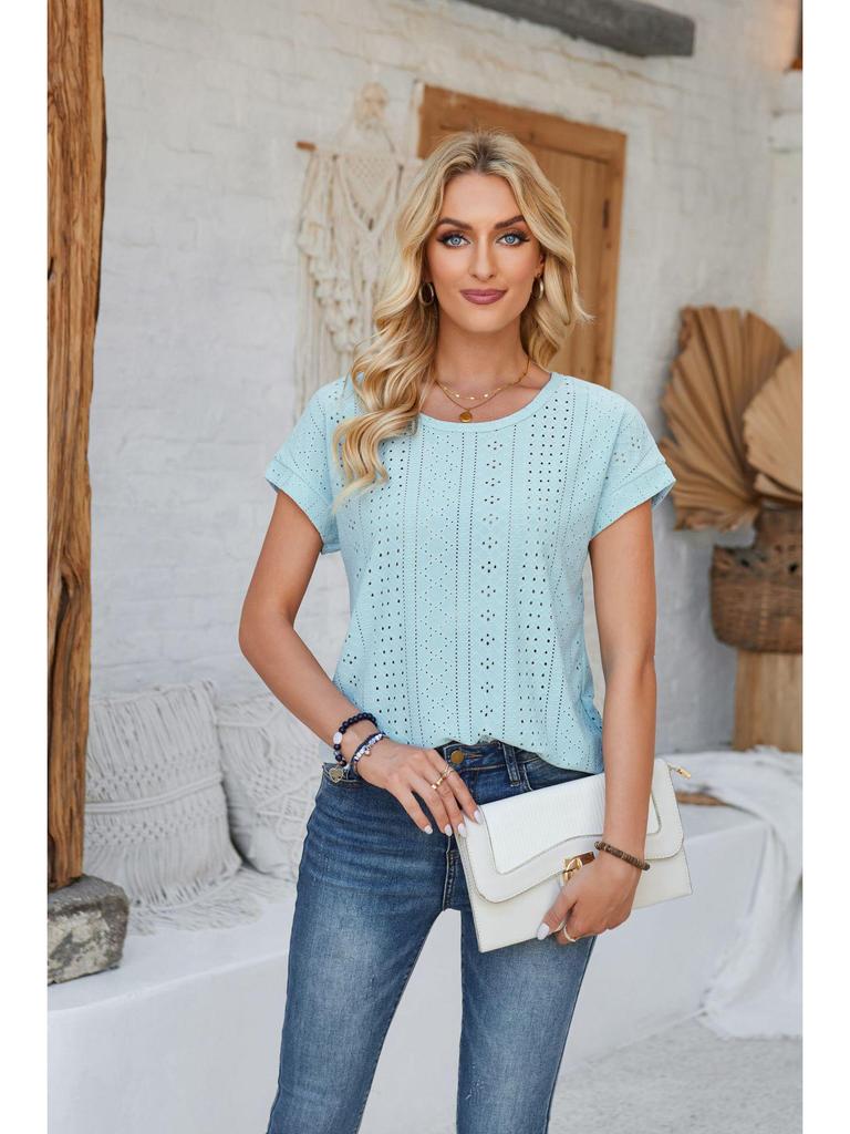 Spring & Summer Women's Loose Round Neck Eyelet Lace T-shirt