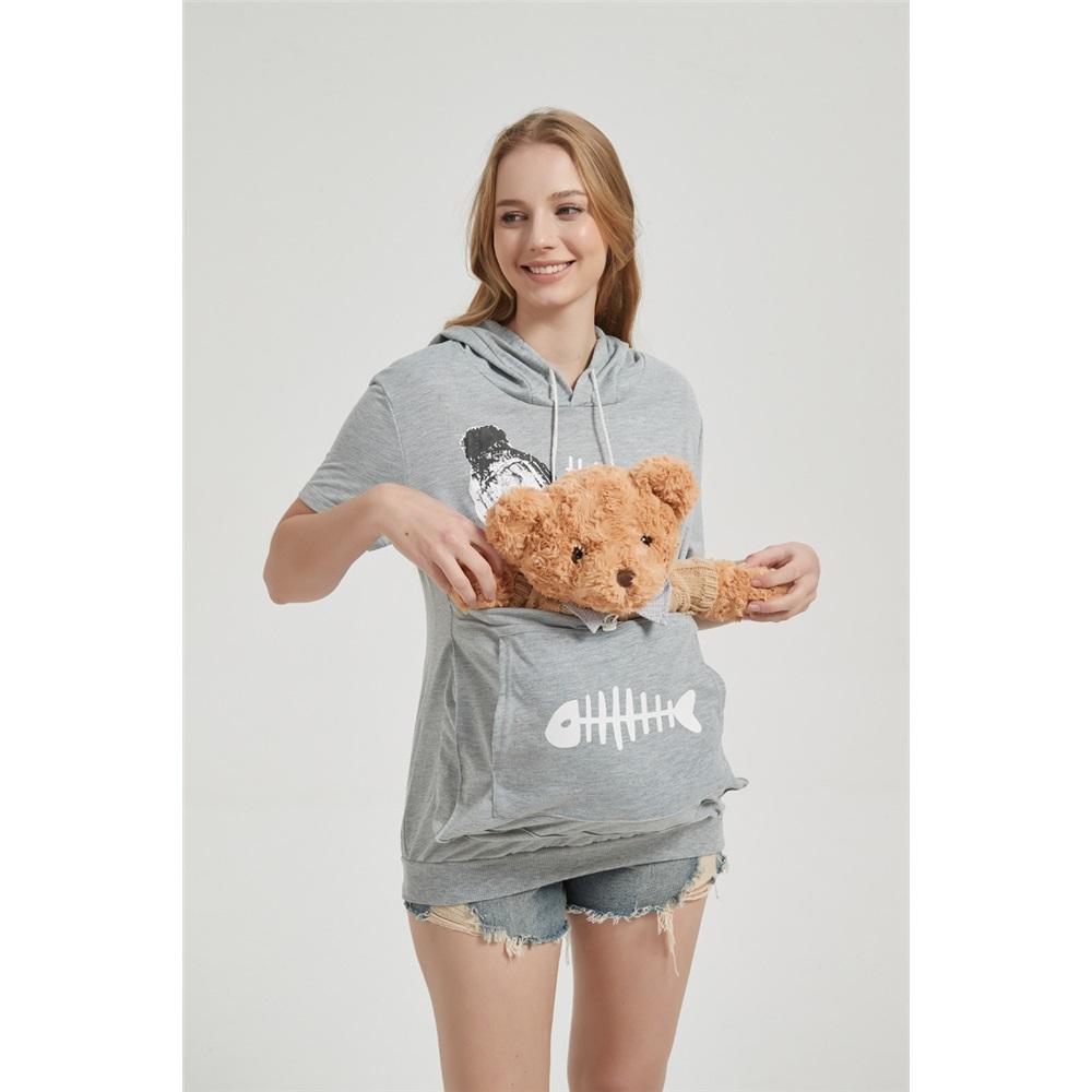 Women's summer short-sleeved large pocket cartoon printed casual drawstring hooded T-shirt