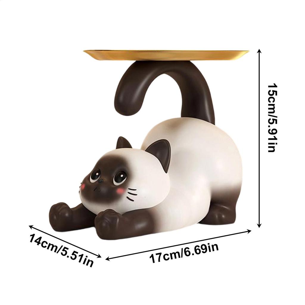 Cat Candy Dish Cat Figurine with Storage Tray Resin Key Holder Bowl for Candy Entryway Table Home Living Room Bedroom Cabinet