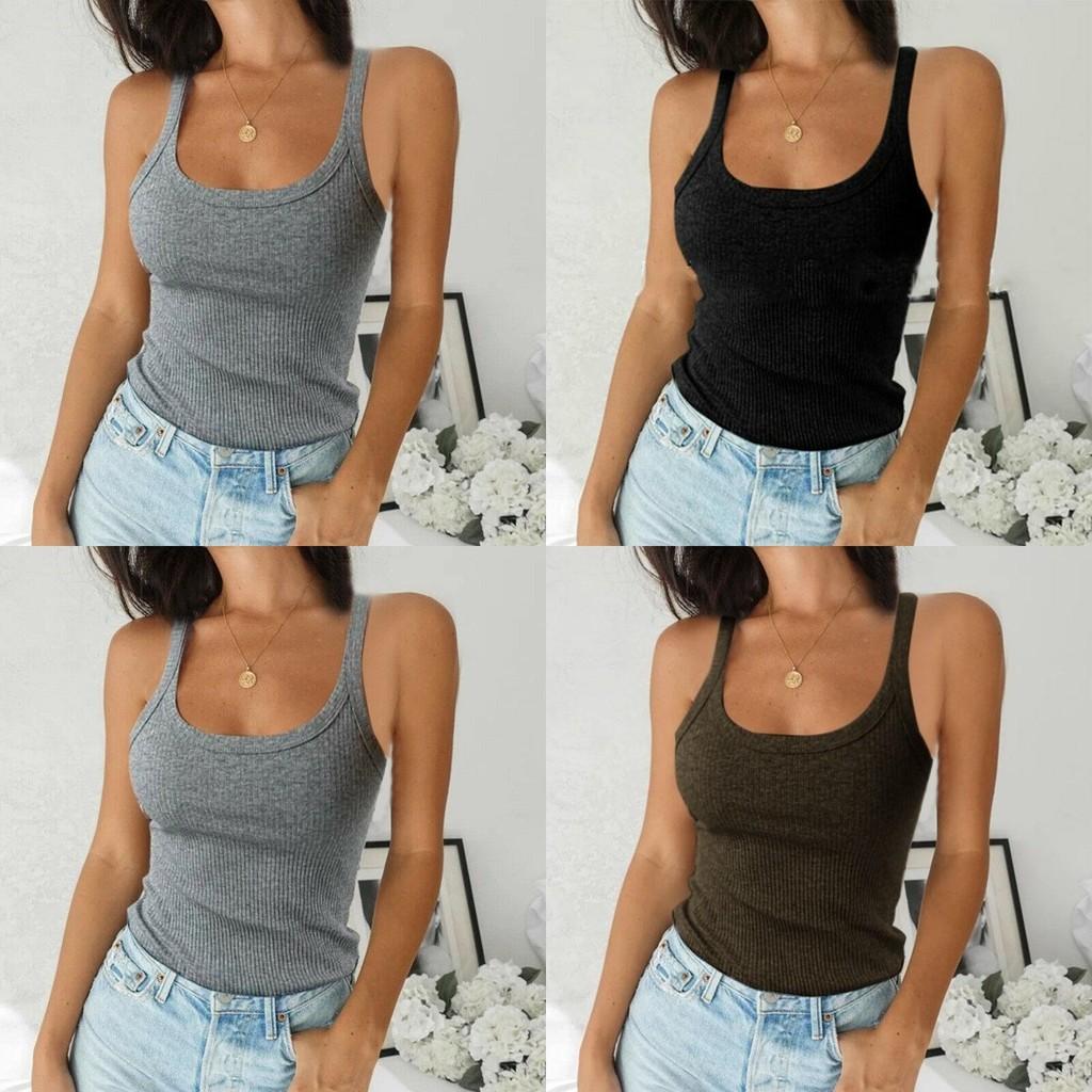 Ladies Casual T-shirt Stylish Ribbed Tank Top Sleeveless Cami Vest Soft Basic Blouse