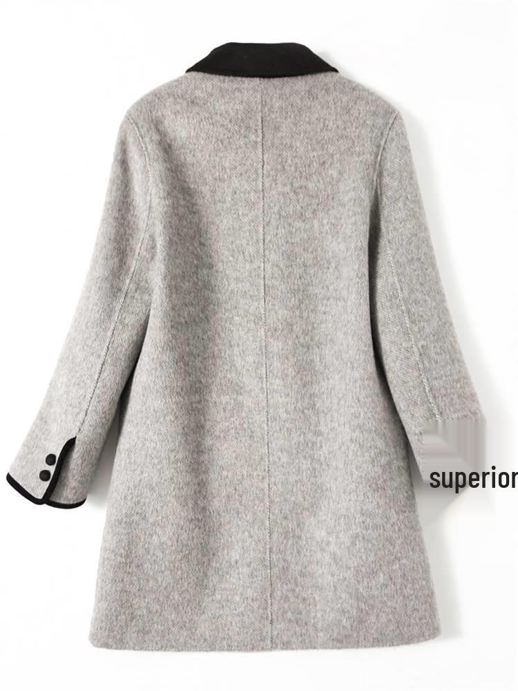 Women's Retro Double-Breasted Color Block Wool Coat - Mid-Length, Small Lapel, Spring/Autumn Fashion