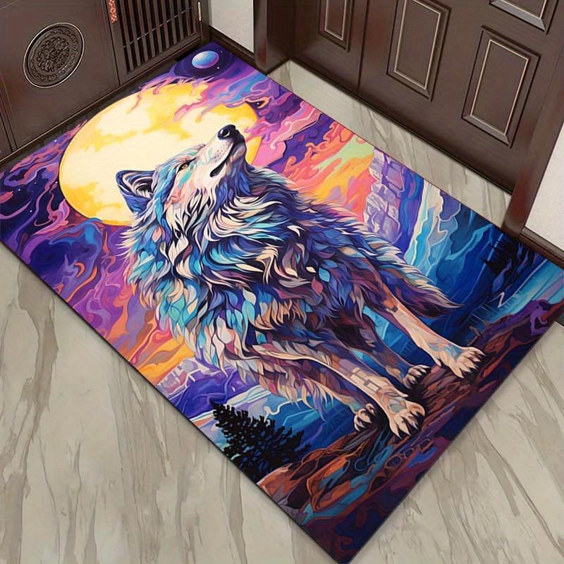 Colorful Wolf Moon Rug: Vibrant Wildlife Art for Living Spaces Nature-Inspired Home Decor Anti Slip Carpet Can Be Machine Washed