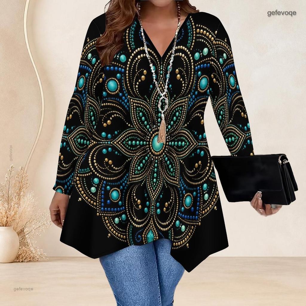 Women Plus Size V Neck Long Sleeve Colorful Galaxy Printed Asymmetric Hem Tunic Top