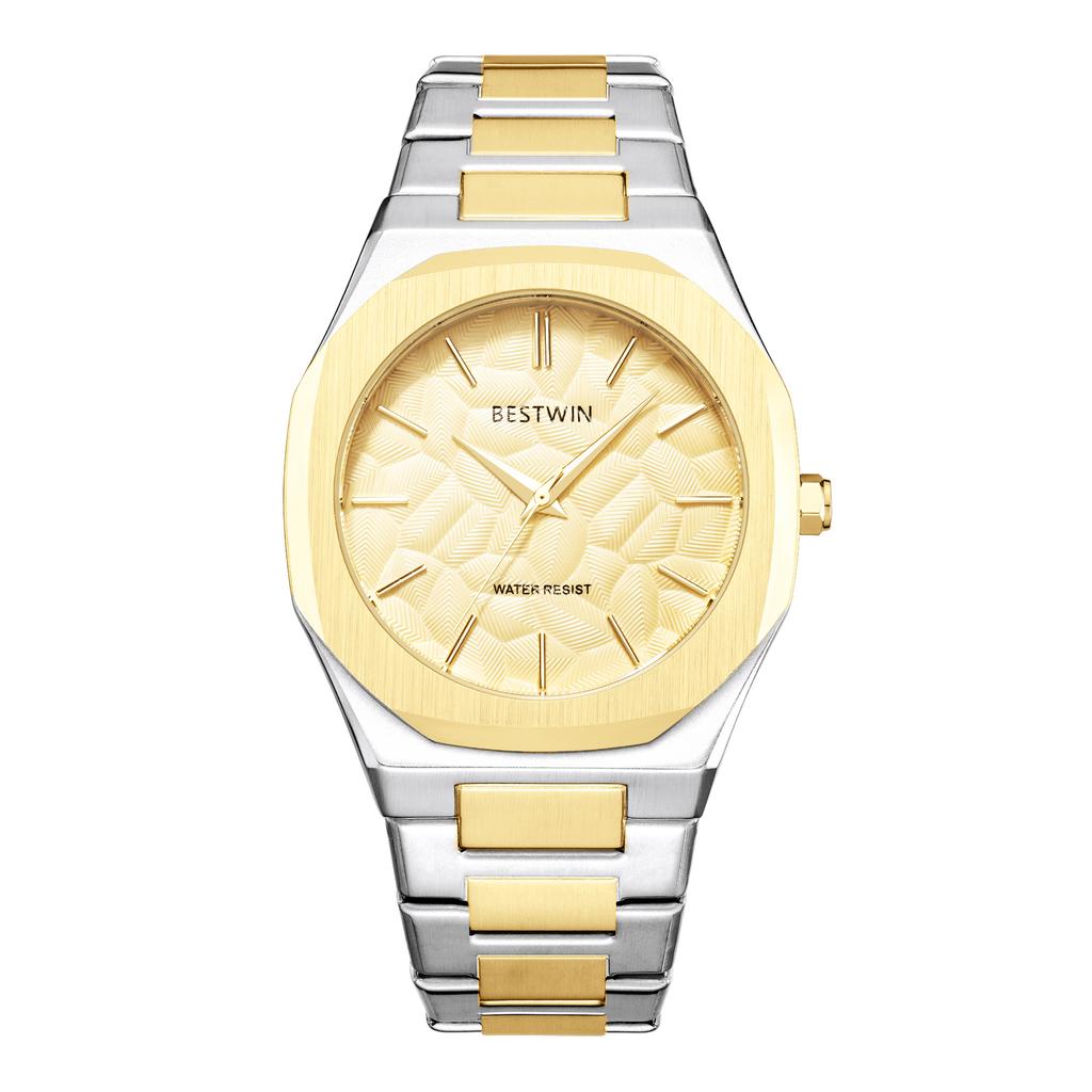 Men's Quartz Watch Embossed Leaf Dial Steel Band Waterproof Fashion Male Wristwatch Premium Quality Steel Strap Business Watches
