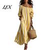 Lightweight Polyester Dress Summer Women Striped Long Dress, Off Shoulder Sleeve Casual with Side Pocket Ankle Length Loose Swing Beach