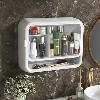 1pc Wall-mounted Cosmetics Storage Box, Punch Free Dust-proof Storage Rack With Lid, Household Large Capacity Storage Shelf For