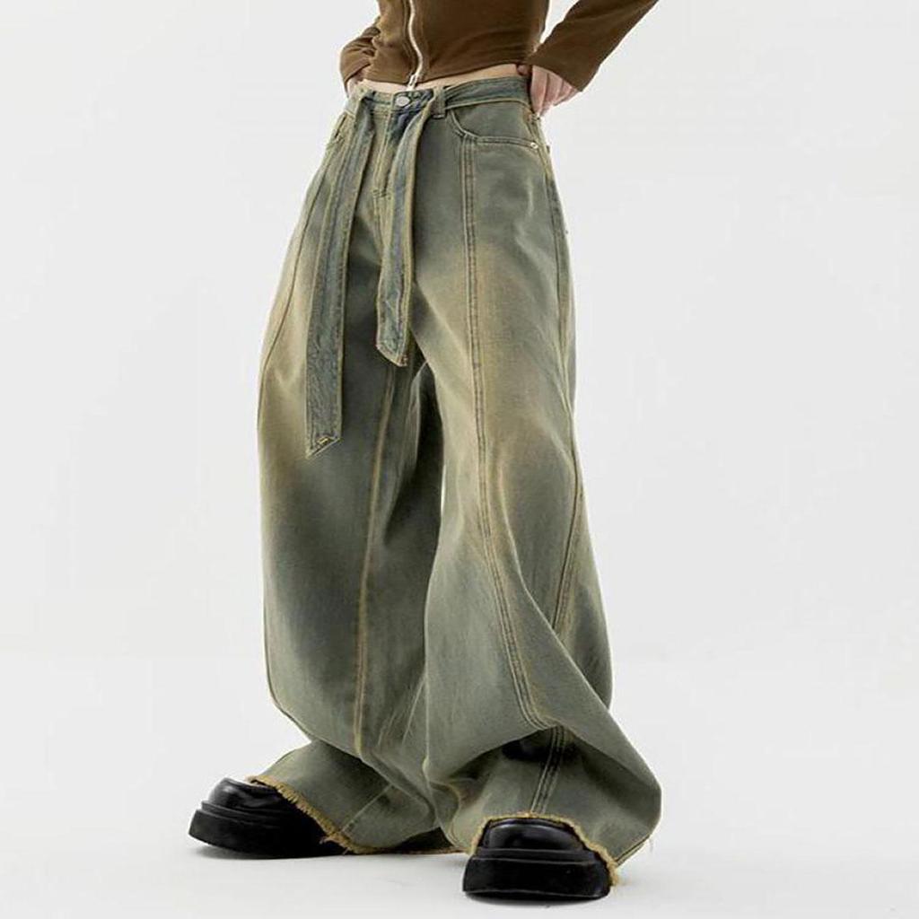 Calças de brim femininas coreia solta carga jeans retro calças de perna reta calças de perna larga calças jeans calças soltas