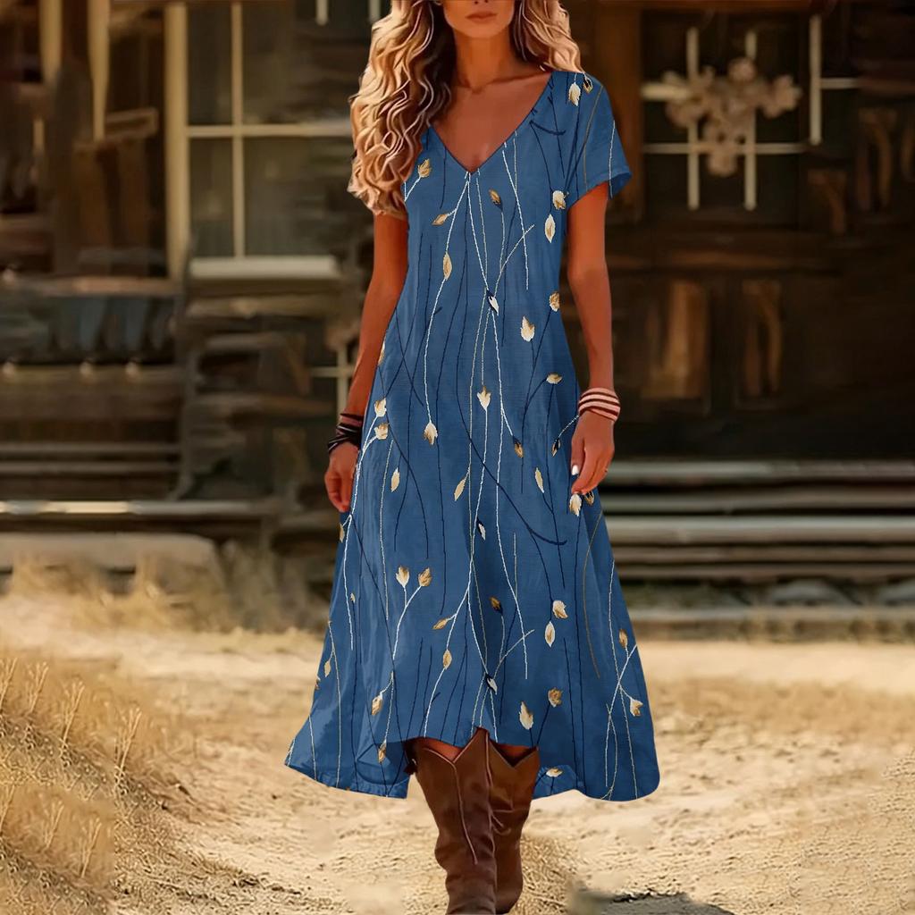 Fashionable Women's Summer V-neck Short Sleeved Retro Floral Print Beach Dress