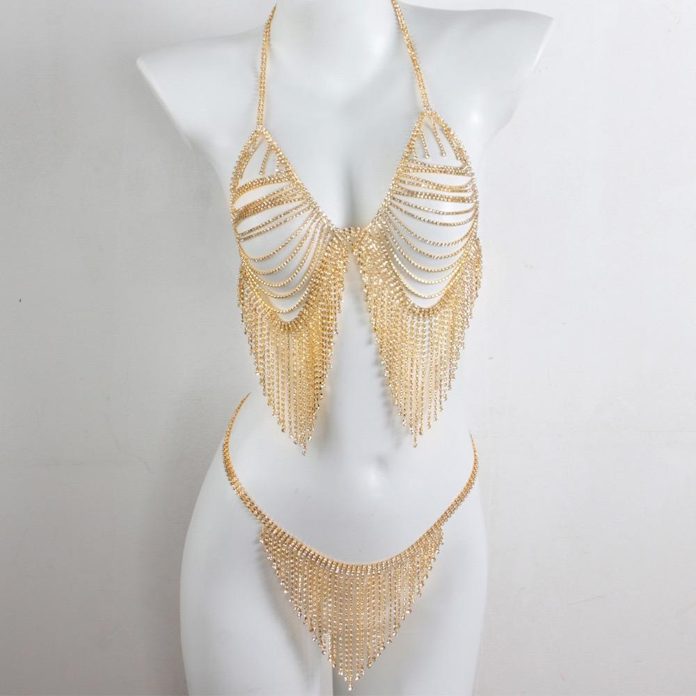 Sexy Rhinestone Tassel Body Chain Lingerie Set