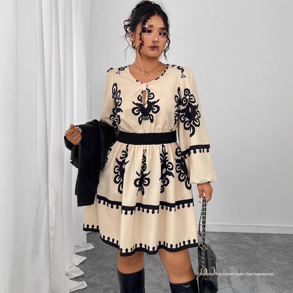 High-Waisted Long-Sleeve Round Neck Puff Sleeve Printed Dress for Women