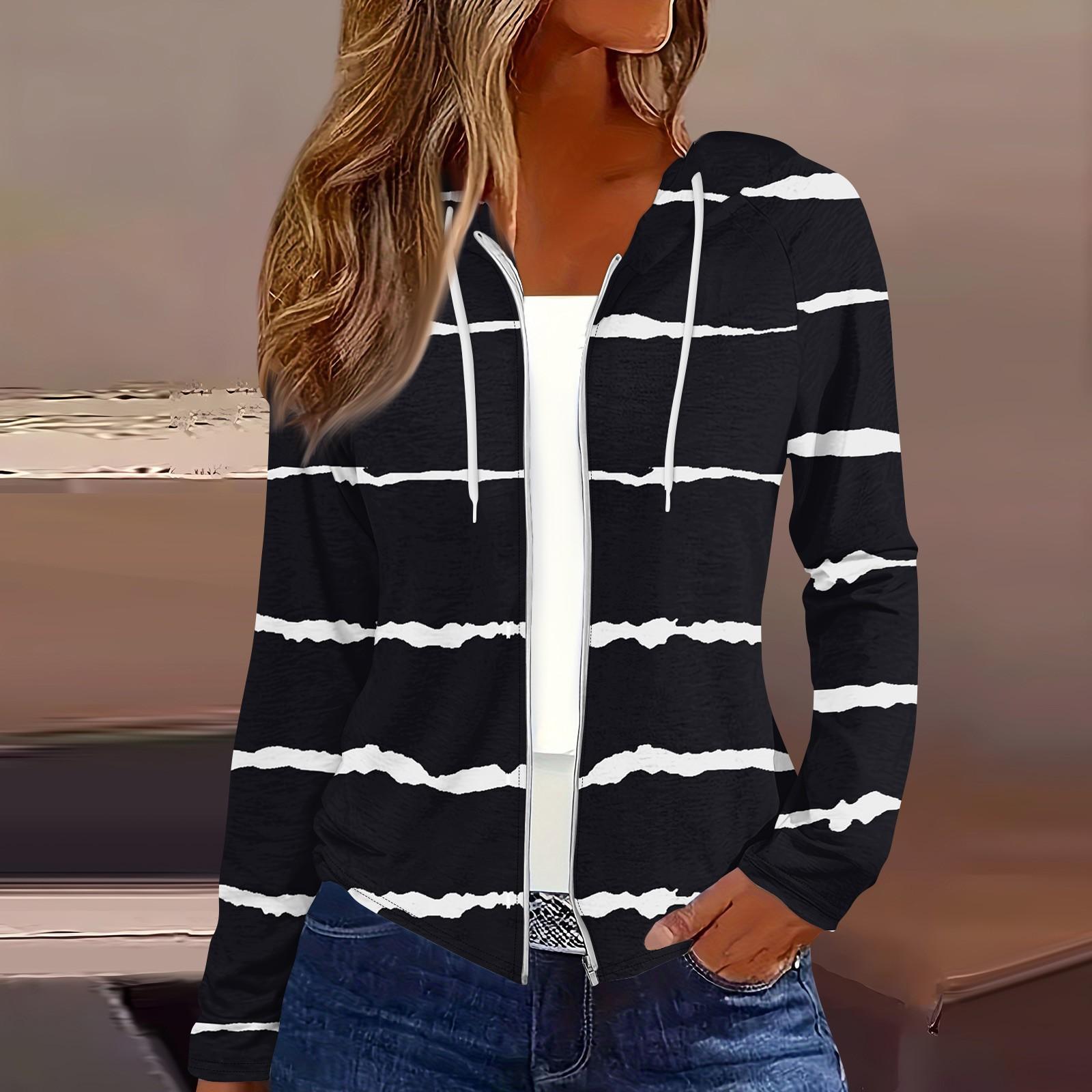 

Женская мода повседневная застежка-молния с капюшоном и принтом с длинным рукавом толстовки пальто M чёрный