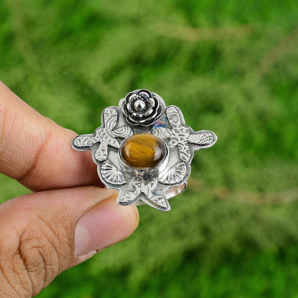 Gift For Her Natural TigerS Eye Solitaire Flower Adjustable Ring 925 Silver