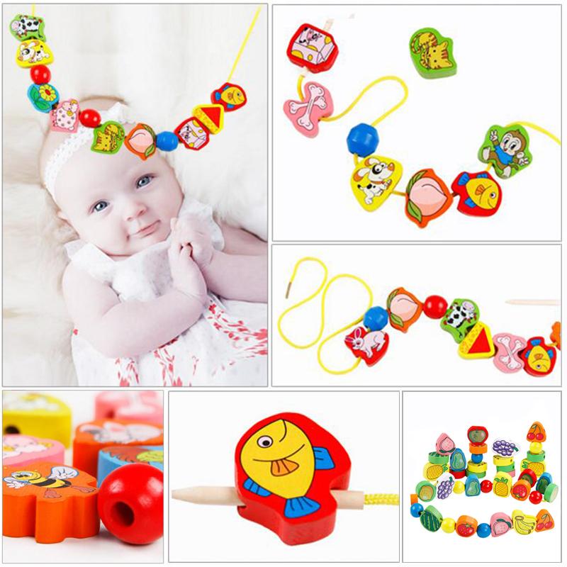 26 Stück Holzspielzeug Baby DIY Spielzeug Cartoon Obst Tier Schnurspiel Fädeln Holzperlen Spielzeug Monterssori Pädagogisch für Kinder GYH