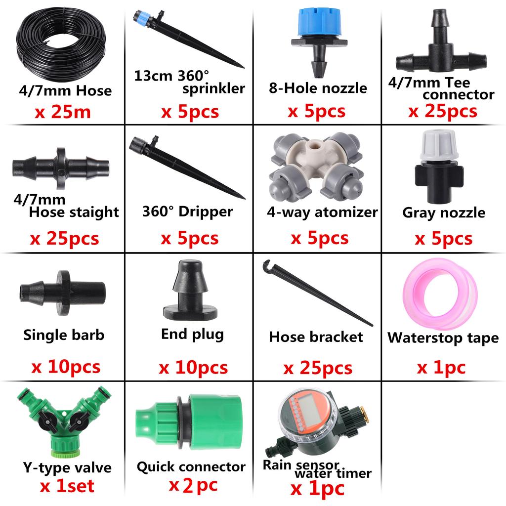 10m To 40m 4/7mm Hose Garden Pot Irrigation Set, Automatic Programmable Watering Timer, Ground Sprinkler, Various Accessories