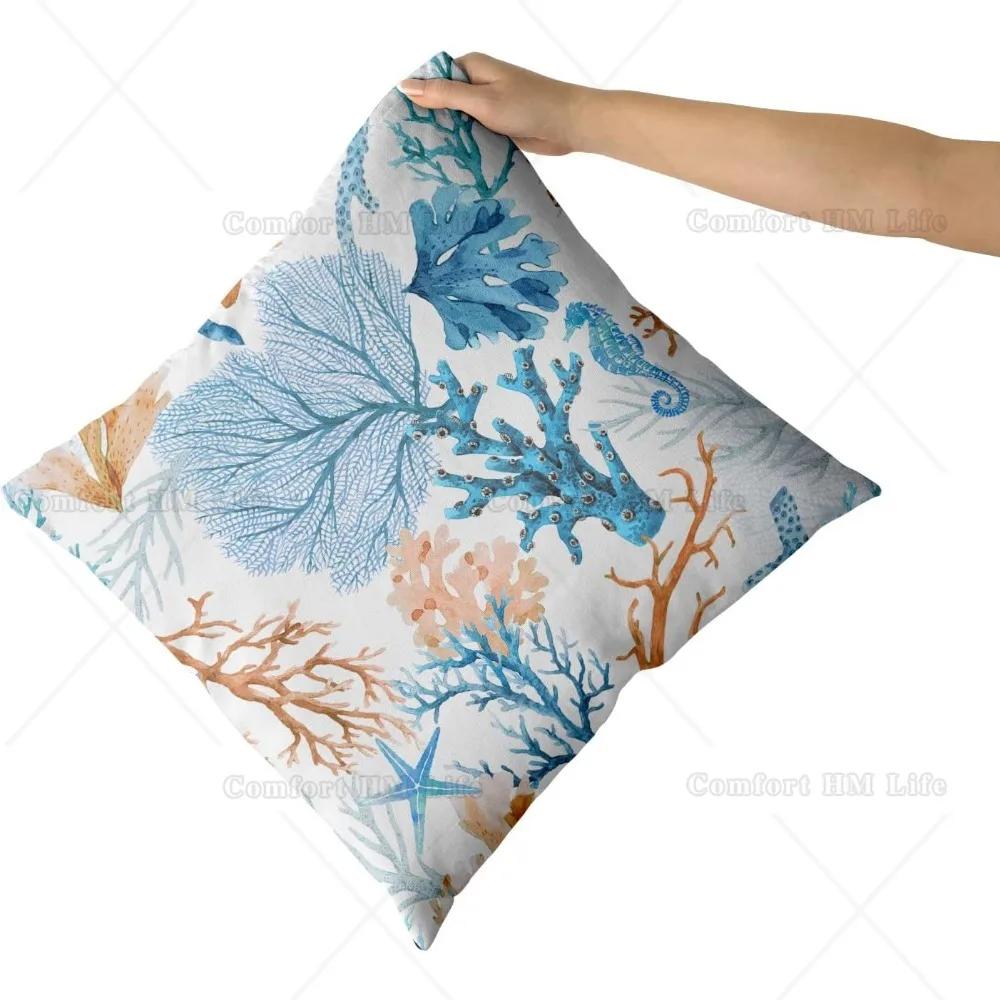 Coastal Throw Pillow Covers Set Of 2 Nautical Coral Starfish Cushion Covers Summer Ocean Decorative Square Cotton Pillow Cases