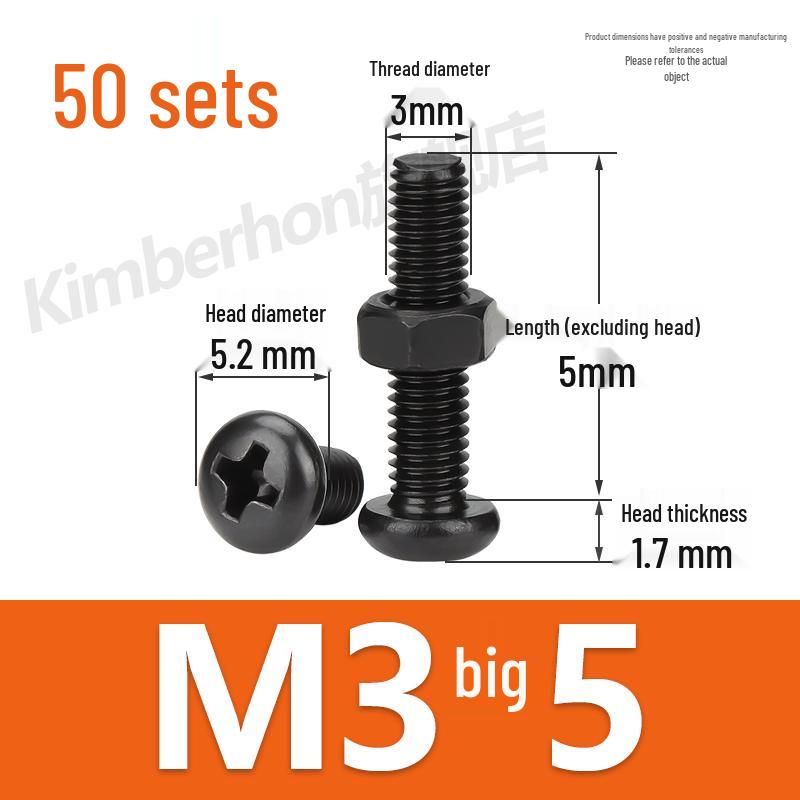Complete Set of Black 304 Stainless Steel Phillips Round Head Screws and Nuts - M2M3M4M5M6MM.