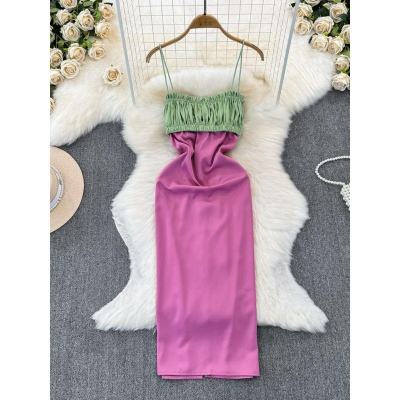 2024 Summer Fancy Contrast Color Sexy Dazzling Big Lady Open Back Bow Suspenders Dress Vacation Dress