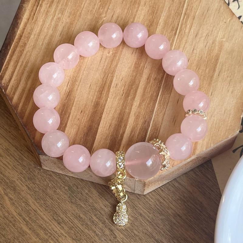Handmade Pink Quartz Crystal Bracelet Women 10mm Beaded Delicate Elegant Jewelry Stylish Everyday Accessory Approx. 10mm Pink Crystal