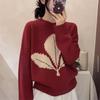 Red Bow Embroidery Knit Top: Women's Round Neck Long Sleeve, 2025 Autumn/Winter Fashion