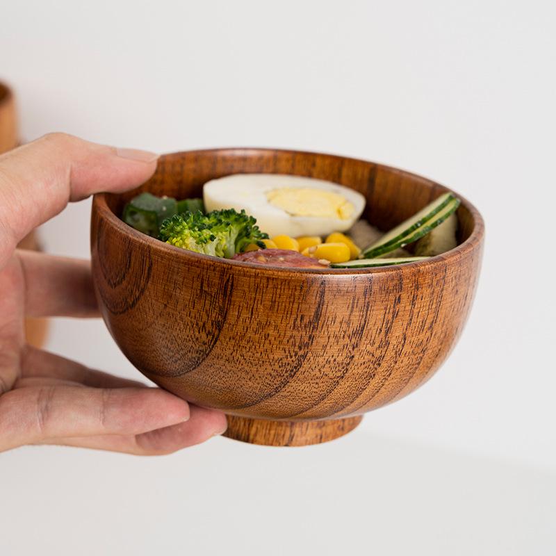 Japanese Sour Jujube Wood Ramen Bowl - Anti-scalding Instant Noodle and Rice Bowl for Kids, Wooden Tableware for Soup, Household Bowls and Plates