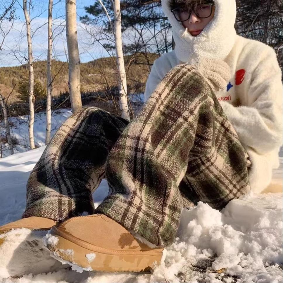 Autumn and winter Maillard woolen plaid pants men's and women's American straight casual pants loose and piled thickened couple wide-leg pants