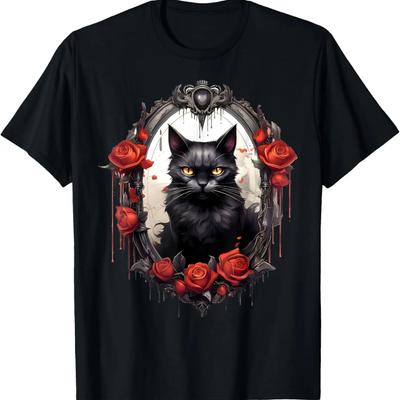 Ästhetisches Schwarze Katze Rose Blume Gothic Vintage Katzenliebhaber T-Shirt