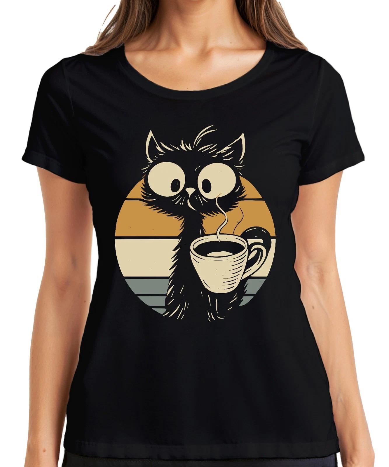 Katze mit Kaffee Kaffeetasse Niedliche Retro Sonnenuntergang Damen T-Shirt L