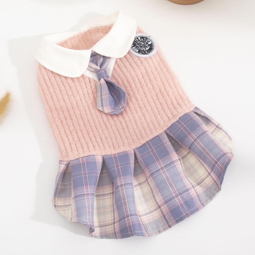 Elegant Puppy Pink Plaid Skirts for Dog Girl Chihuahua Yorkies Female Dog Clothes Cute Cat Princess Dresses with Necktie (M (5.5-8.8lbs))