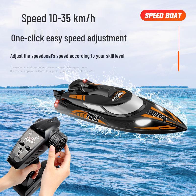 Hongxunjie HJ810B High-Speed Remote Control Speedboat with Anti-Flip, 35KM/h Speed, LED Lights, Large Size, and Long Battery Life.