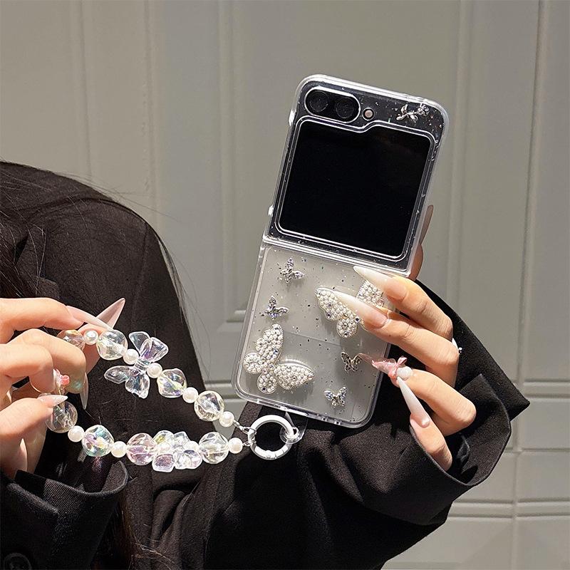 Drip Pearl Butterfly For Samsung Zflip7 Phone Case Zflod6 Folding Flap Glitter Flower Girl
