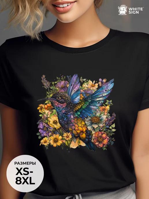 Oversized summer T-shirt:  Hummingbird and Flowers S