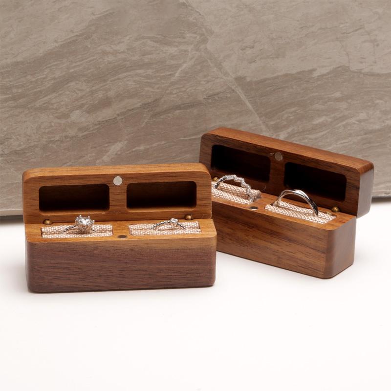 1PC Ring Earring Holder for Wedding Proposal Soft Lining Double Slot Walnut Wooden Romantic Ring Box Gift Display Packaging Case