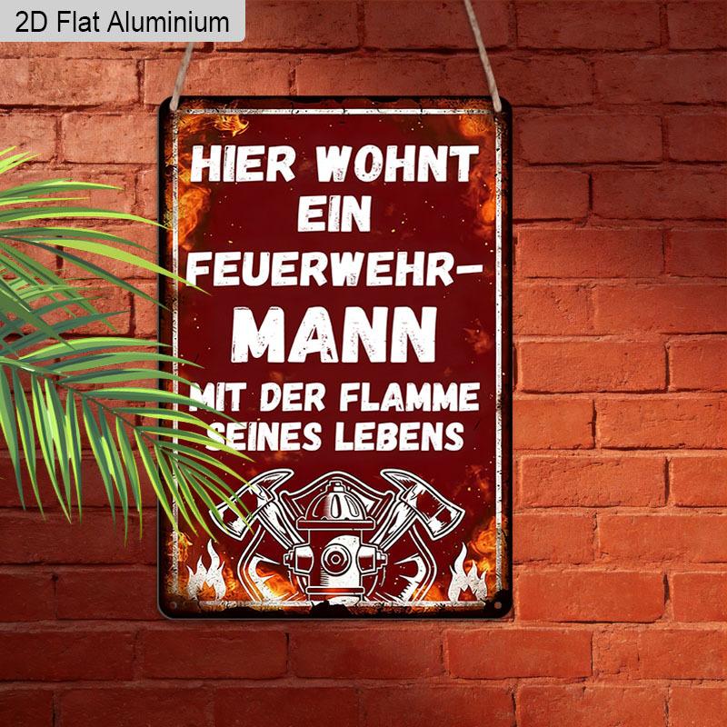 2D Flat 1pc Vintage German Firefighter Aluminium Wall Art Sign, 8x12 Aluminium Rustic Home Decor Fire Station