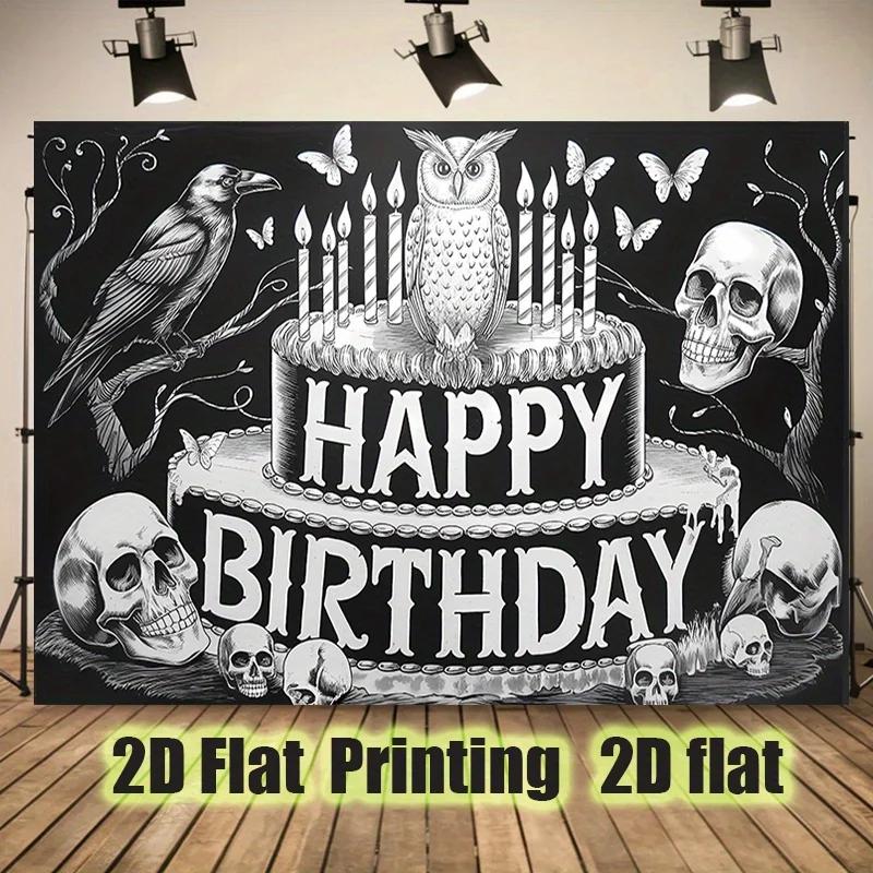 2D plane, 1 Gothic birthday celebration banner with skull and crow design - black and white 2D plane party decorationyzb