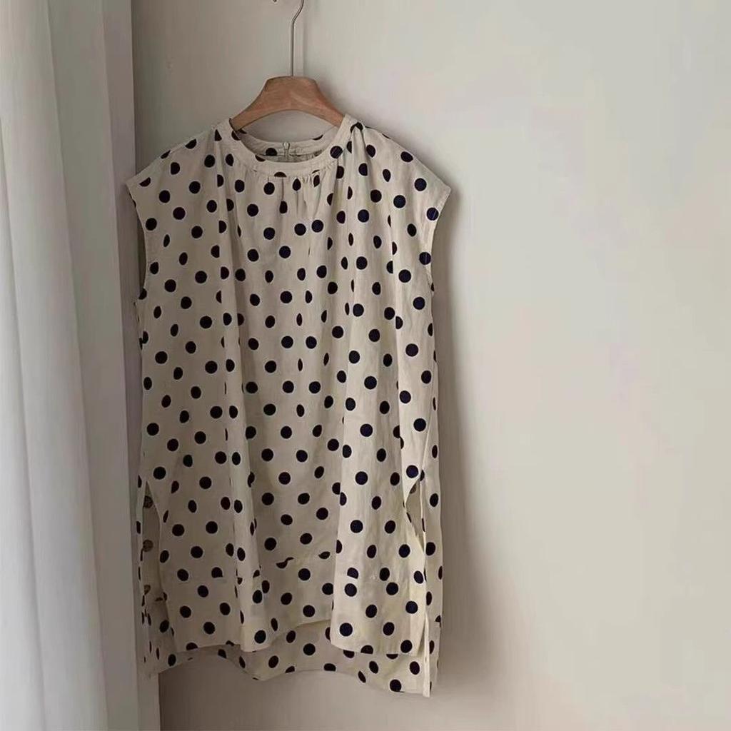 Neuer Stil Sommer Polka Dot Flatterärmel Hemd Damen Locker Mittellang Rundhals Design Sensation Kleines Publikum Schlitz Top