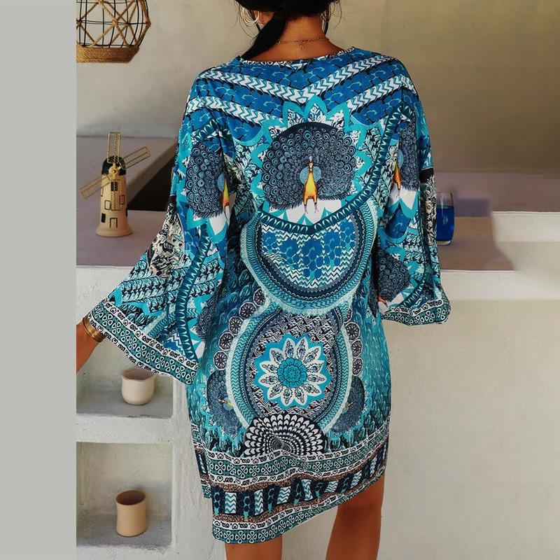 Spring and Autumn Women's Ethnic Style Printed Long-sleeved V-neck Casual Dress