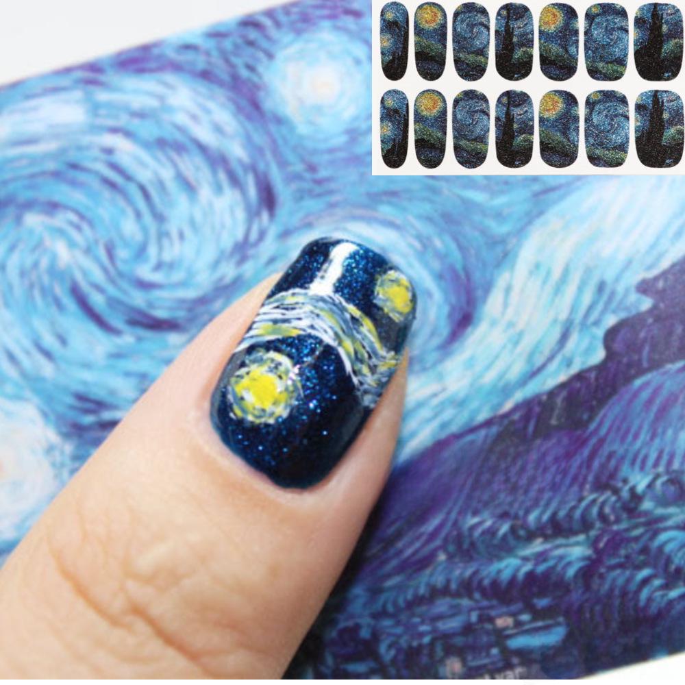 Van Gogh Starry Sky Nail Stickers - Glitter & Full Coverage, Culturally Creative Design from China