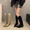 Pile boots women's knight boots retro suede thick heel pointed autumn and winter new khaki wrinkled high boots