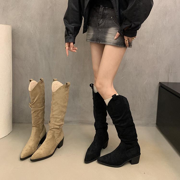 Pile boots women's knight boots retro suede thick heel pointed autumn and winter new khaki wrinkled high boots