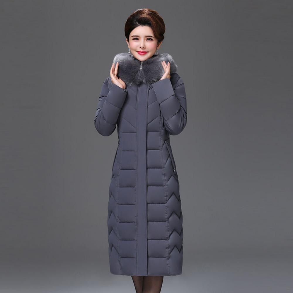 Vinter medellång dunjacka över knäet, plusstorlek, förtjockad kappa för medelålders och äldre mödrar